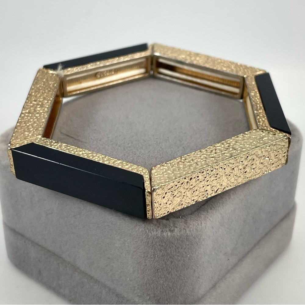 Natasha Stretchy Bangle Bracelet Black Gold Six Sided Retro Funky Hammer Finish